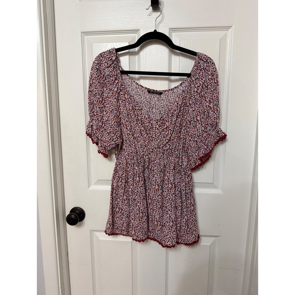 Bloomchic Floral Peplum Top Red Ditsy Puff Sleeve Crochet Trim Blouse Size 12